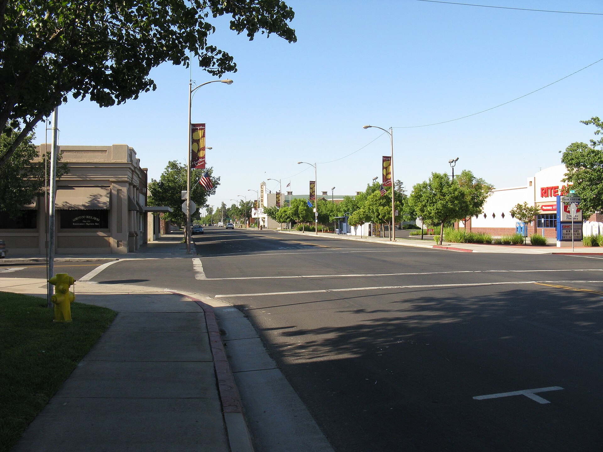 Main Street in downtown Livingston, with the Court Theater and city banners