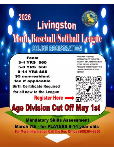 2026 youth baseball and softball registration flyer, tap to register online