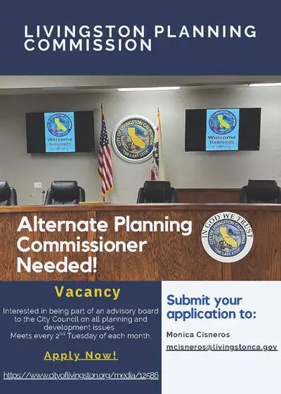Alternate Planning Commissioner vacancy flyer. The vacancy details are described in the text on this page.
