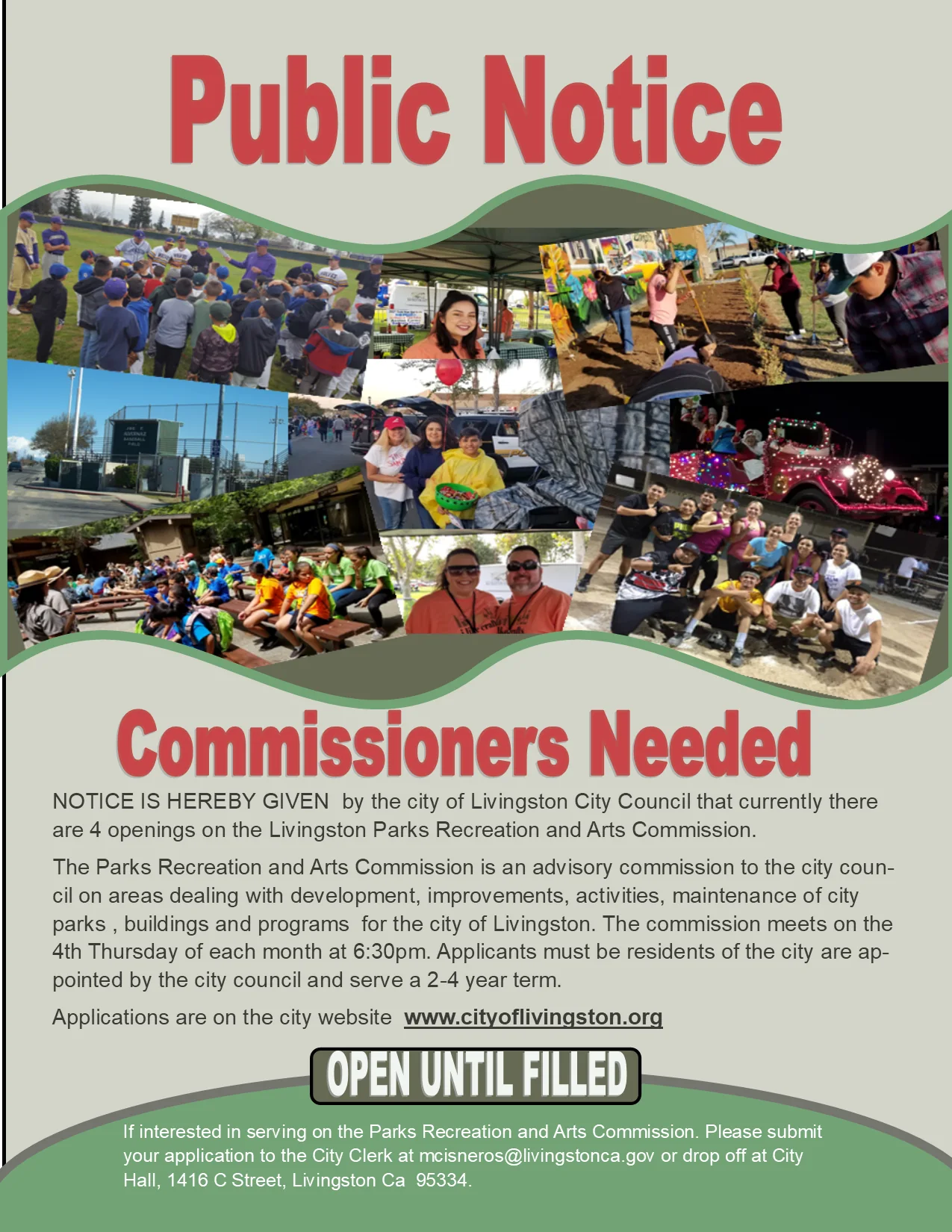 Public Notice poster: Commissioners Needed for the Parks Recreation and Arts Commission. Full details are provided in the text below.