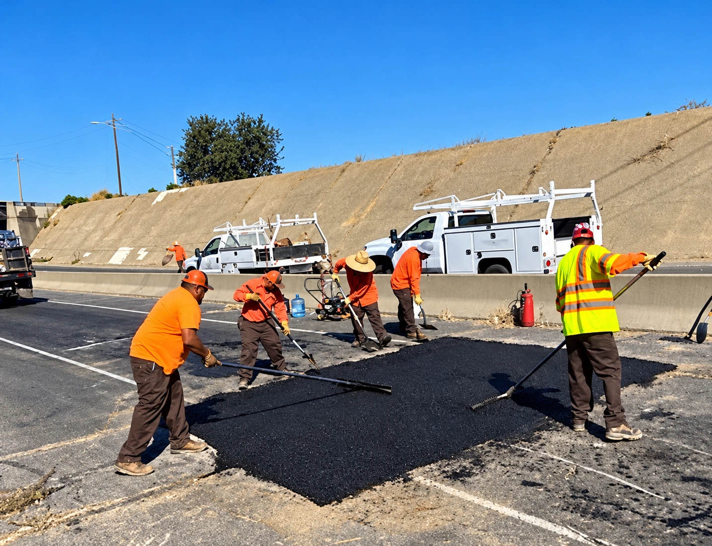Road maintenance crew in high-visibility clothing spreading fresh asphalt beside service trucks.