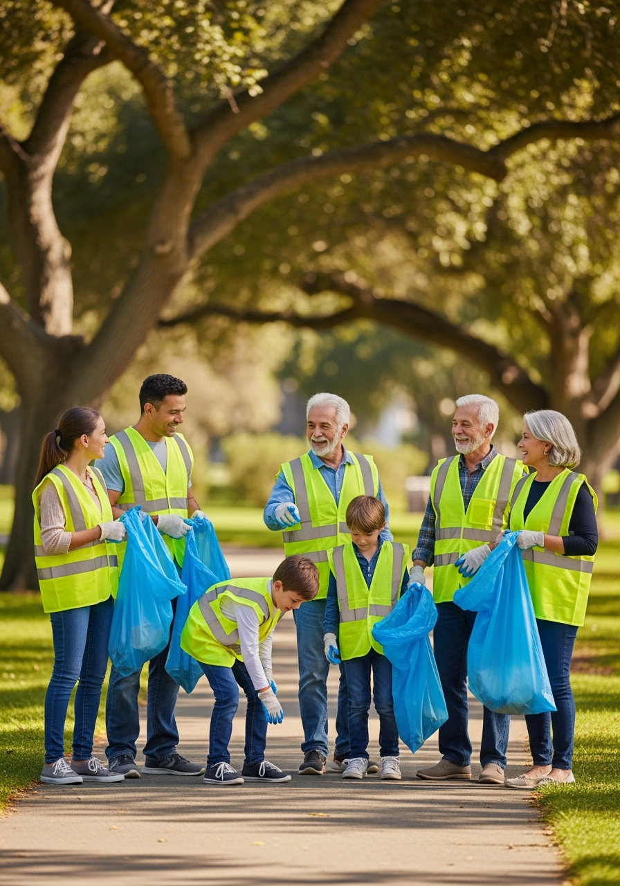 Volunteers walking together along a park path picking up litter on a sunny morning